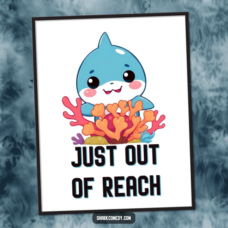 Funny Kawaii Shark Poster: Playful kawaii shark emerging from vibrant coral, creating a humorous underwater scene.