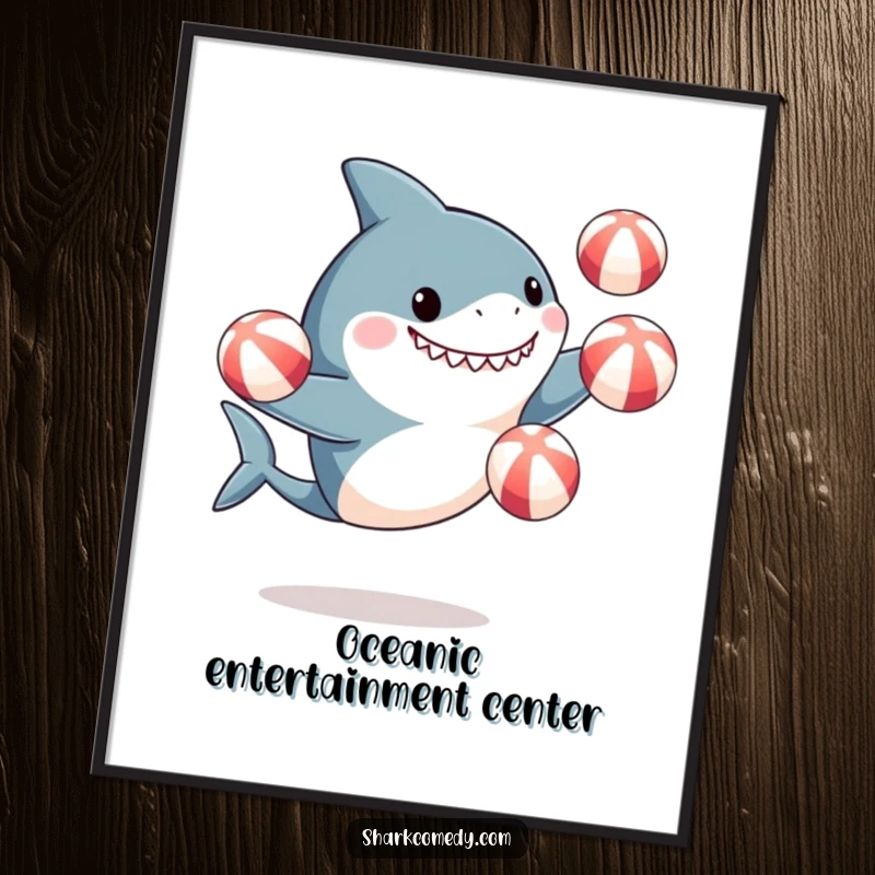 Funny poster art of an excited, cute shark juggling beach balls, showcasing dynamic movement and cheerful aquatic entertainment.