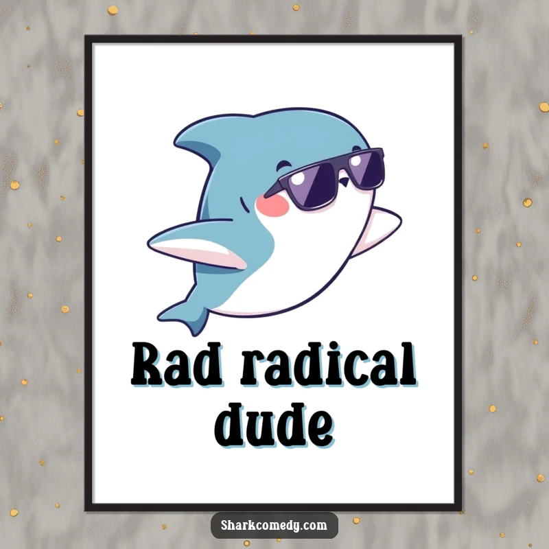 Funny kawaii shark wearing sunglasses doing a playful flip, presented as a vibrant poster, adding humor to any wall.