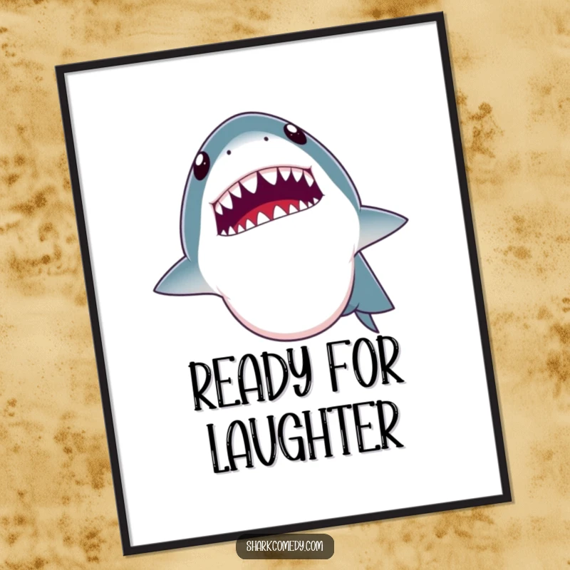 Funny poster art: a shark opening its mouth wide as if telling a joke, revealing its tiny teeth. Captures comedic timing.
