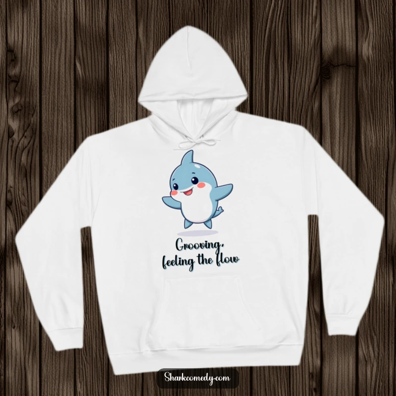 Funny Kawaii shark hoodie, a cute shark doing a silly dance with fins waving, embodying energetic, playful vibes.