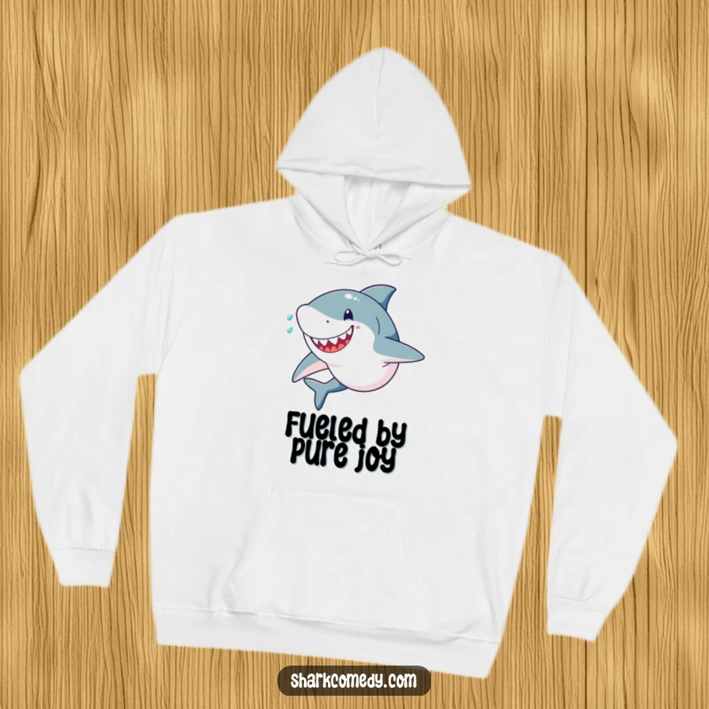 Funny hoodie showing a happy, determined shark sprinting intensely with sweat flying, embodying speed, focus, and a positive attitude.