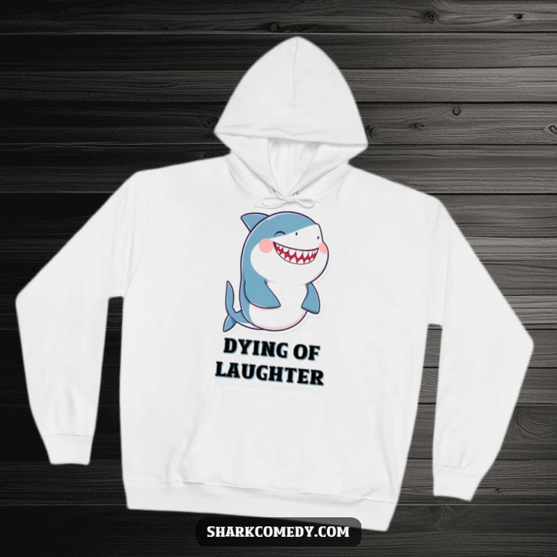 Funny giggling shark hoodie, depicting a shark laughing heartily with its belly, offering warmth and a dose of pure mirth.