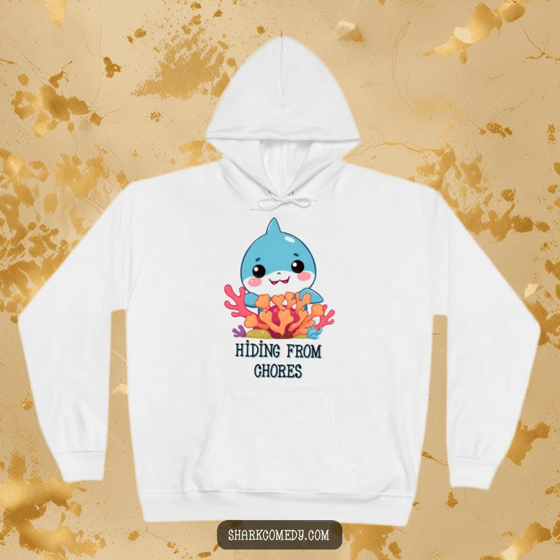 Funny Kawaii Shark Hoodie: Soft hoodie with a cute kawaii shark peeking amusingly from behind colorful coral.