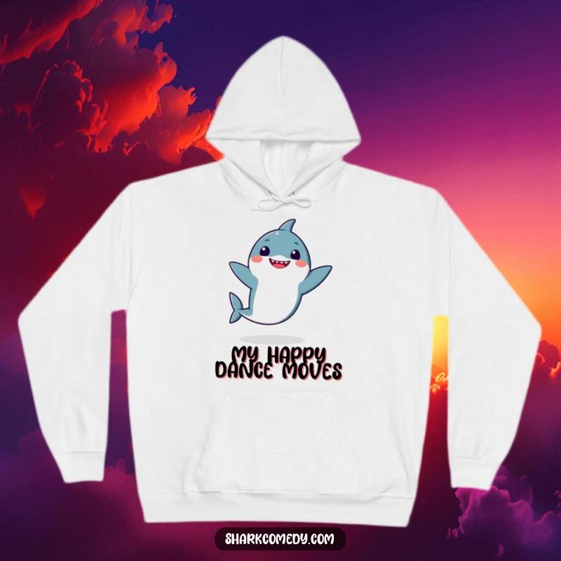 Funny kawaii shark doing a comical dance with flappy fins, depicted on a cozy hoodie, offering warmth and a good dose of silly fun.
