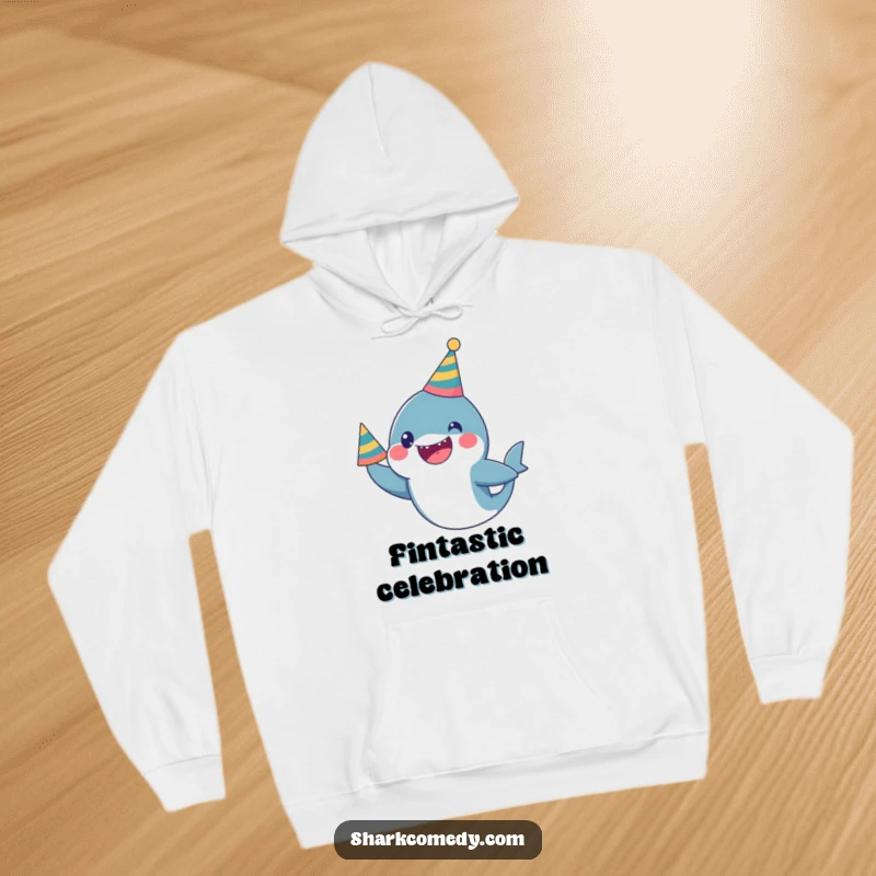 Funny Hoodie: A cute kawaii shark wearing a party hat looks excited, embodying festive and humorous cheer.