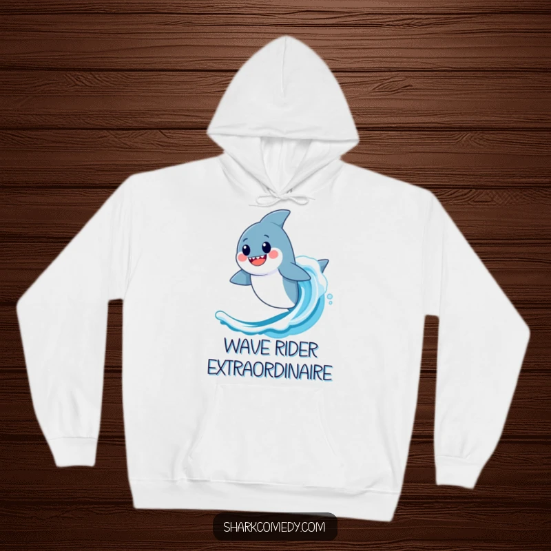 Funny Kawaii Shark Hoodie: A happy shark riding a wave, symbolizing freedom and the joy of surfing.