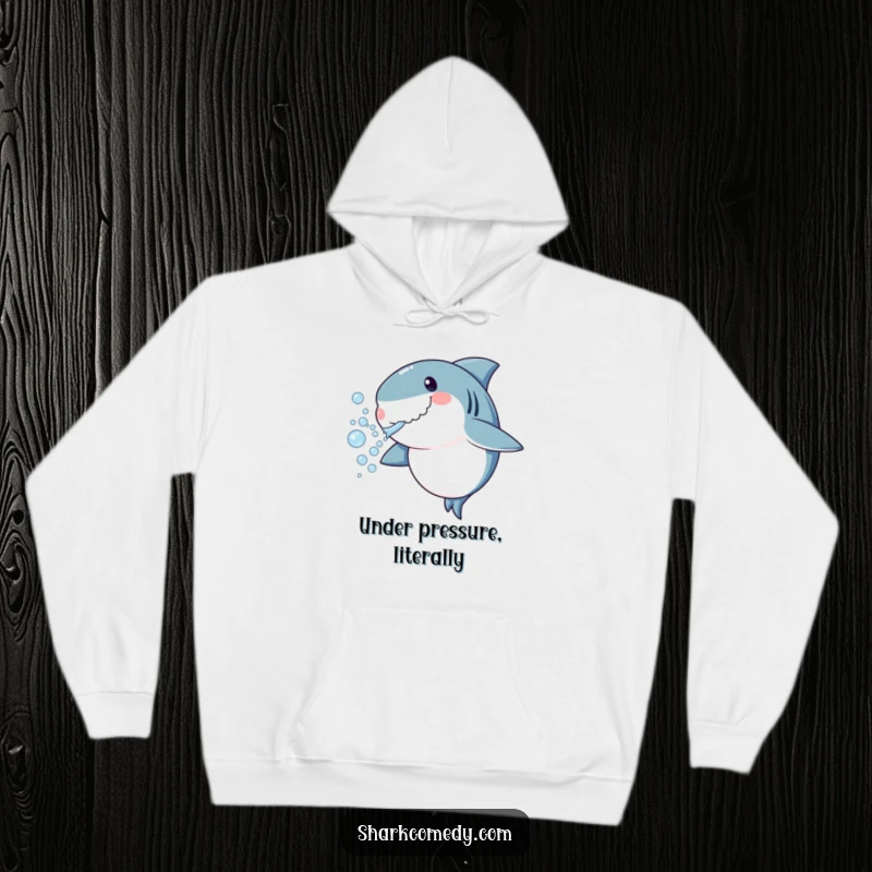 Funny shark hoodie blowing bubbles, cozy sweatshirt with playful underwater character, great funny gift idea.