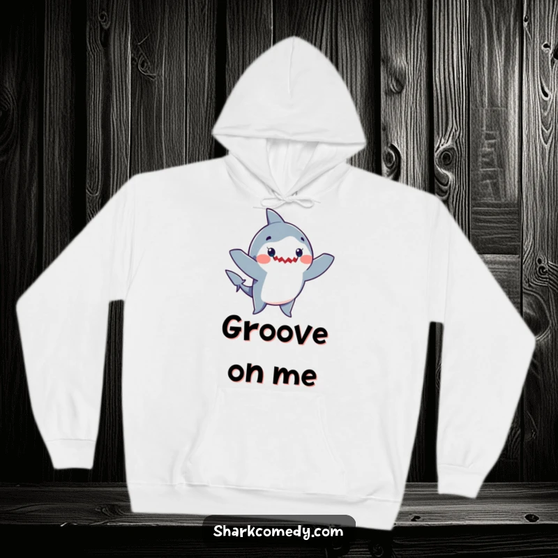 Funny hoodie depicting a happy shark doing a comical dance with arms waving exuberantly, perfect for expressing joy and playful spirit.