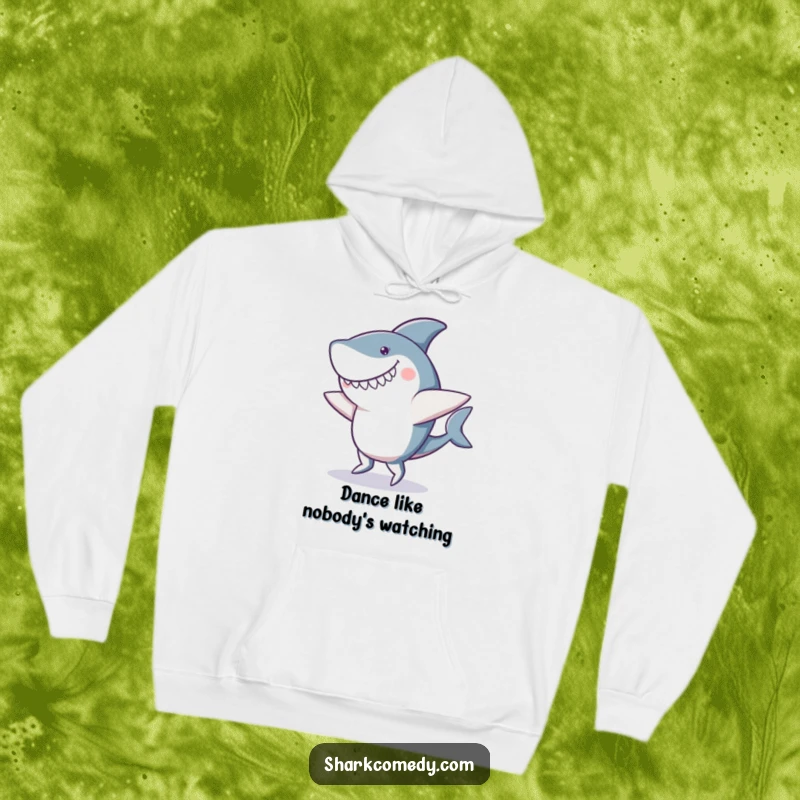 Funny hoodie depicting a cheerful shark executing a comically awkward dance with shaky fins and an infectious, goofy smile.