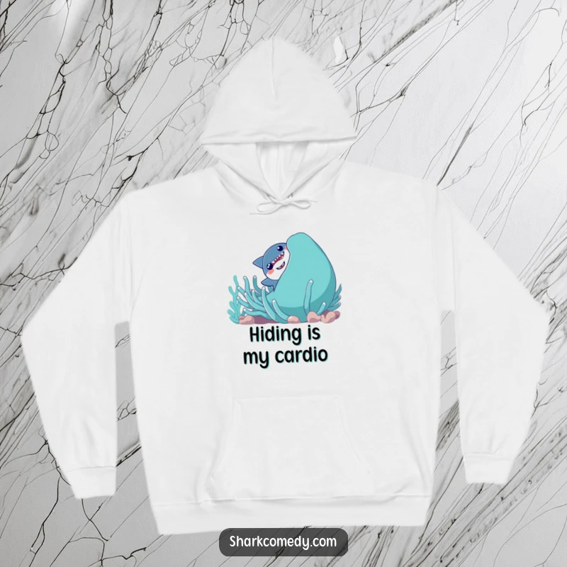Funny shy shark peeking out from a giant, smiling sea anemone, printed on a comfortable, warm hoodie.