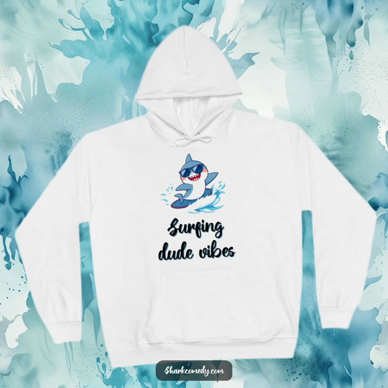 Funny tiny shark wearing sunglasses, joyfully surfing a blue wave, featured on a warm and cozy hoodie.