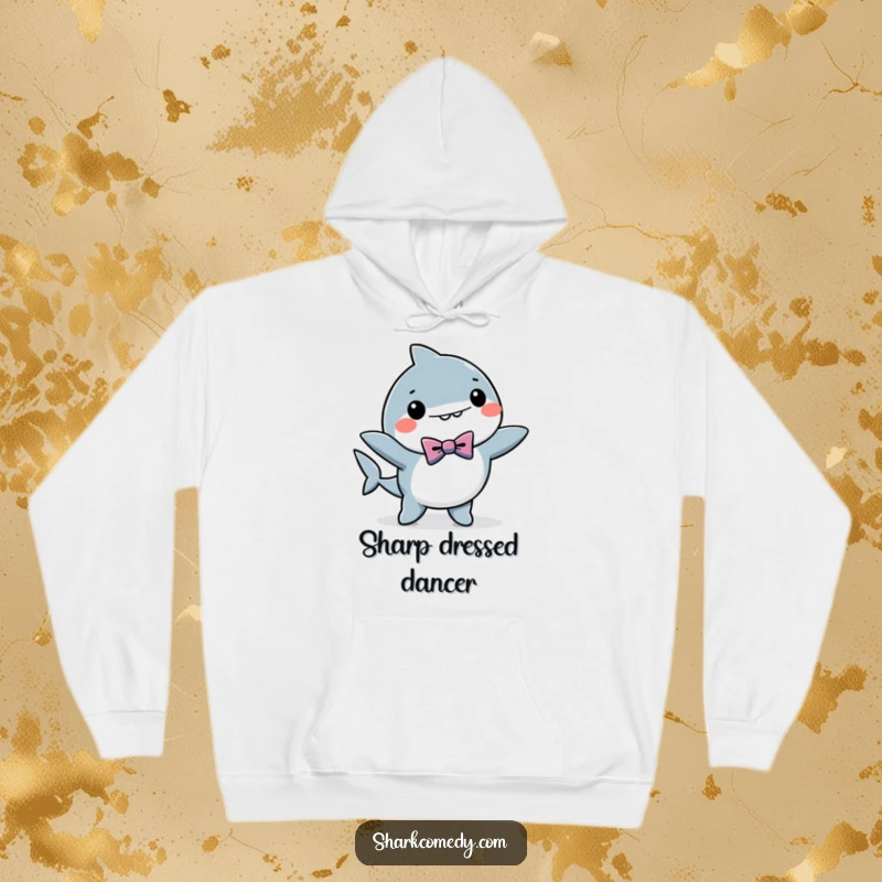 Comfortable hoodie featuring a funny kawaii shark wearing a bow tie and dancing, embodying a sense of fun and celebration.