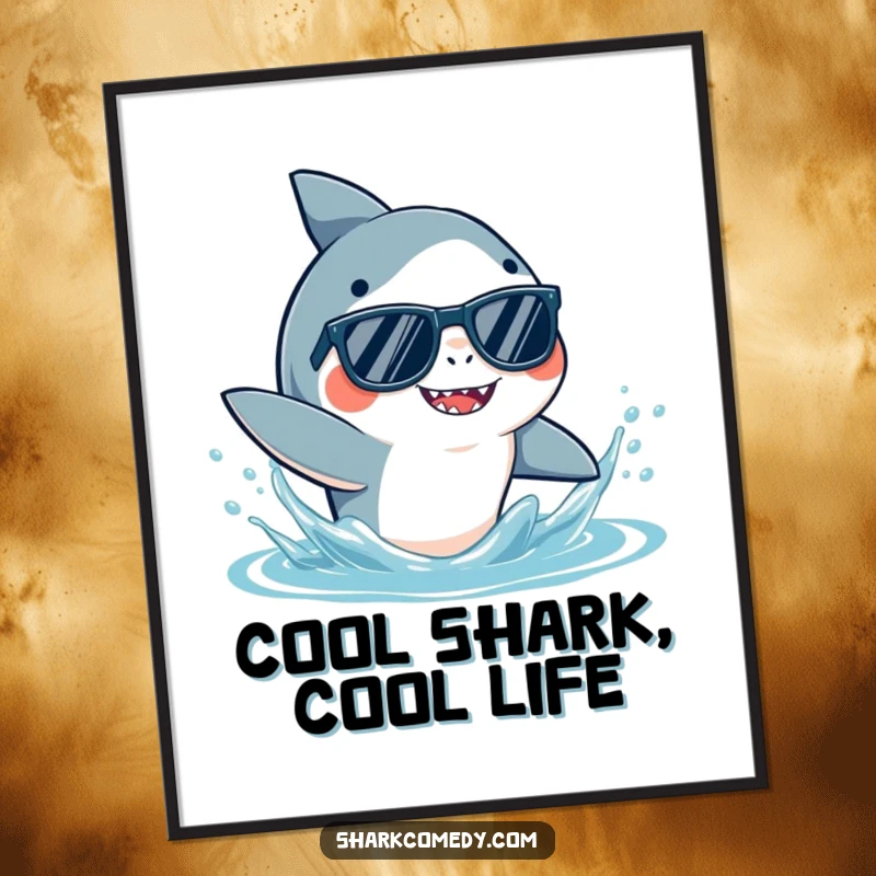 Funny Free Printable Wall Art: A shark wearing cool sunglasses playfully splashes water with its fin.
