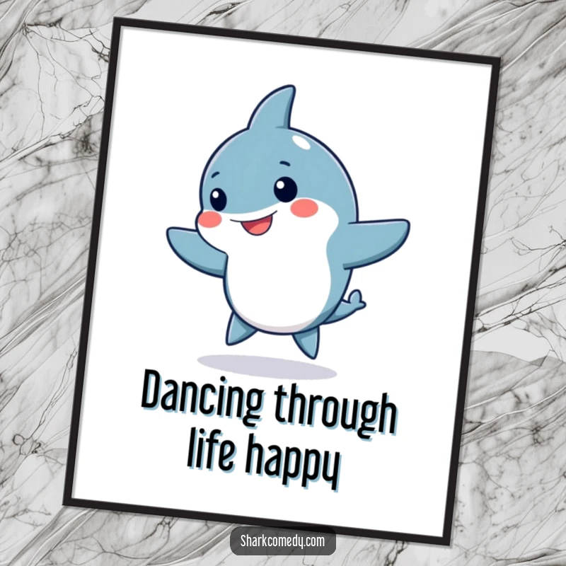 Funny Free Printable Wall Art of a kawaii shark doing a silly dance with fins waving, bringing playful energy to any room.
