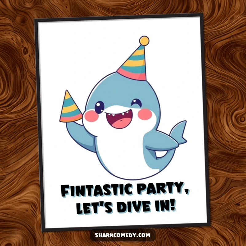 Funny Free Printable Wall Art: A delighted kawaii shark wearing a party hat, looking super excited.