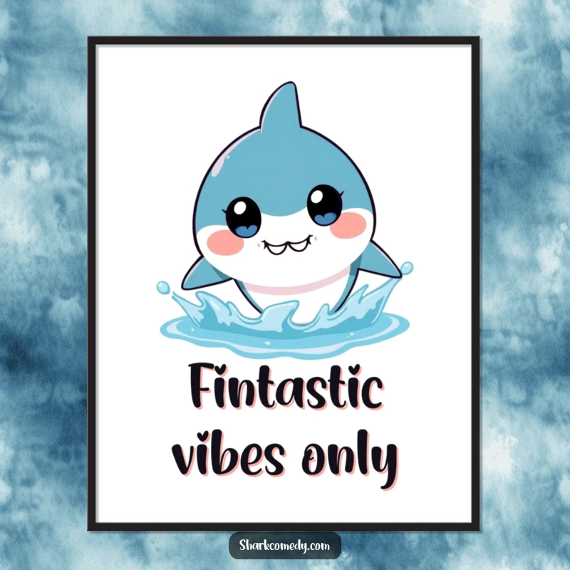 Funny Free Printable Wall Art: Adorable kawaii shark with big eyes, poised to splash, adding a touch of playful humor.