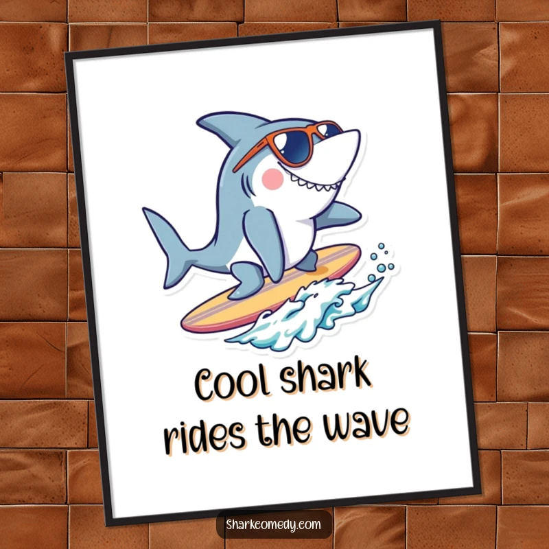 Funny Free Printable Wall Art of a shark wearing sunglasses, expertly surfing a tiny surfboard, bringing a cool, playful vibe.