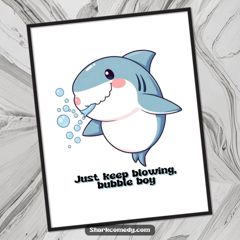 Funny Free Printable Wall Art: A whimsical shark joyfully blowing a stream of bubbles, adding playful charm to any space.