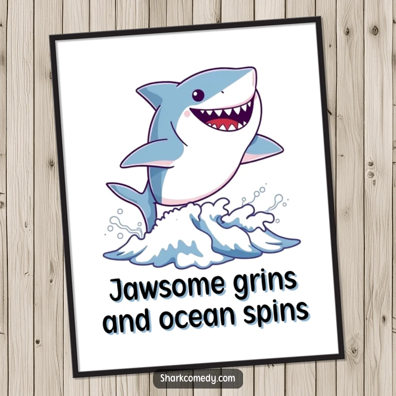 Funny Free Printable Wall Art of a small shark leaping from a wave with a massive, happy grin, exuding playful energy.