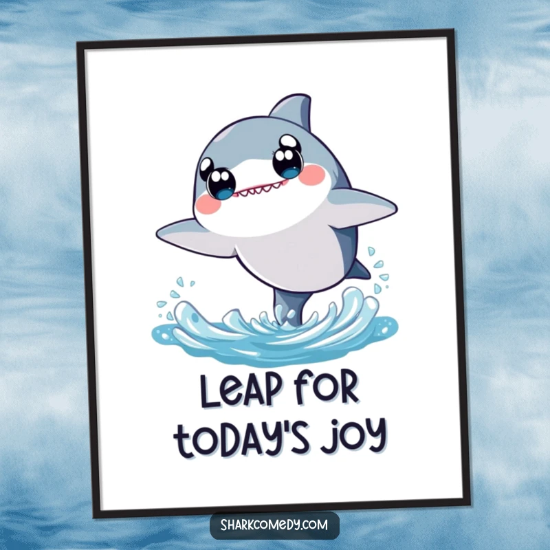 Cute Free Printable Wall Art: A wide-eyed kawaii shark joyfully leaps high from blue water, adding charm to your decor.