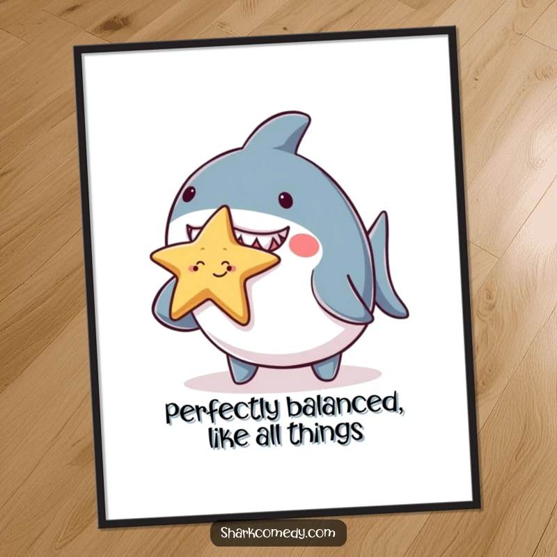 Funny Free Printable Wall Art: A chubby shark character focusing intently while balancing a tiny, smiling starfish on its nose. Cute downloadable art.