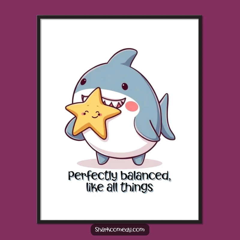Free Printable Wall Art: Chubby Shark Starfish Balance, Humorous Downloadable Decor