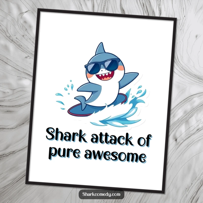 Funny Free Printable Wall Art: A cool shark wearing sunglasses surfs a blue wave, embodying pure, joyful freedom.