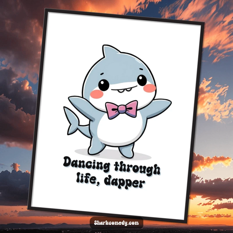 Funny Free Printable Wall Art: Charming kawaii shark wearing a bow tie, captured mid-dance with joyful energy.