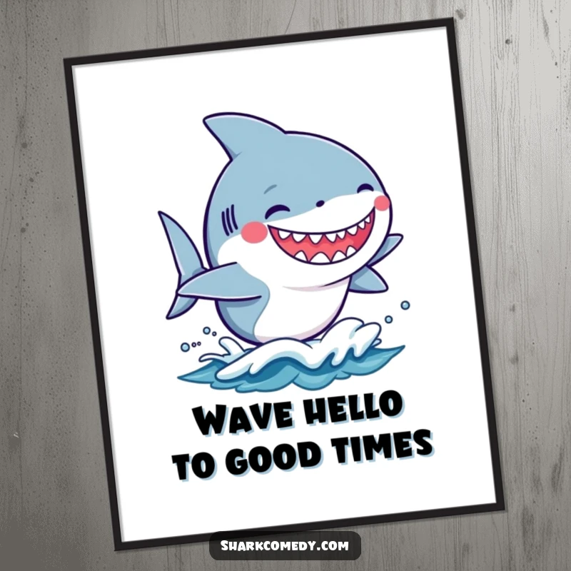Funny Free Printable Wall Art: A kawaii shark with a massive silly grin rides a small wave, perfect for beach lovers.