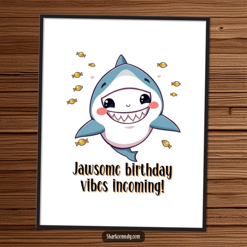 Funny Free Printable Wall Art: Kawaii shark with a wide grin, juggling tiny fish, adding playful, oceanic humor.