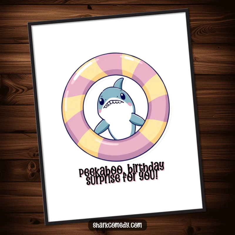 Funny Free Printable Wall Art depicting a shark with playful eyes peeking out from behind a giant, colorful inflatable ring.