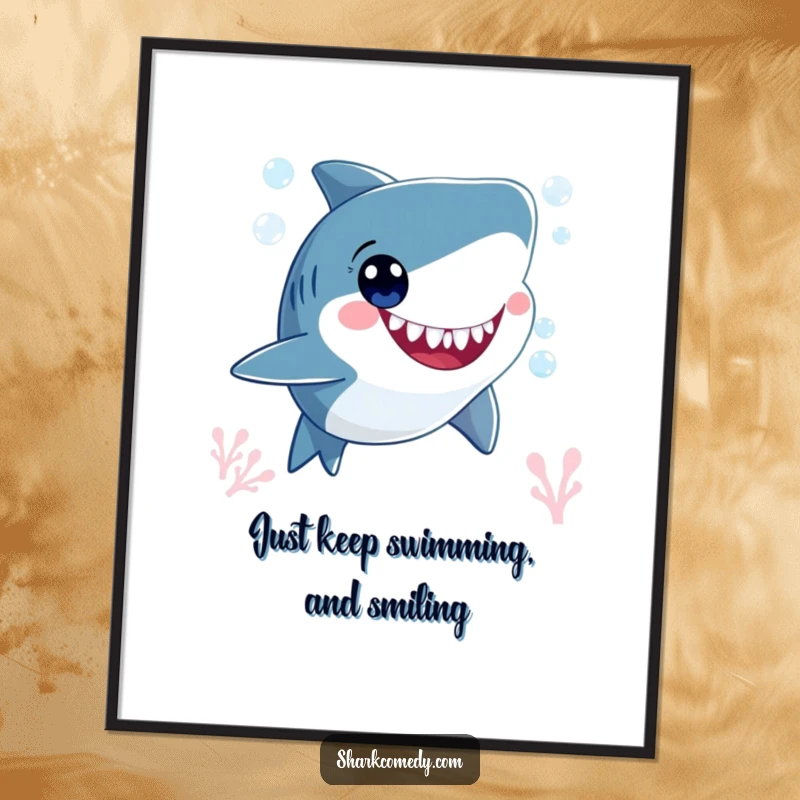 Funny Free Printable Wall Art: A smiling shark joyfully blows bubbles underwater, its wide, happy eyes radiating underwater cheer.