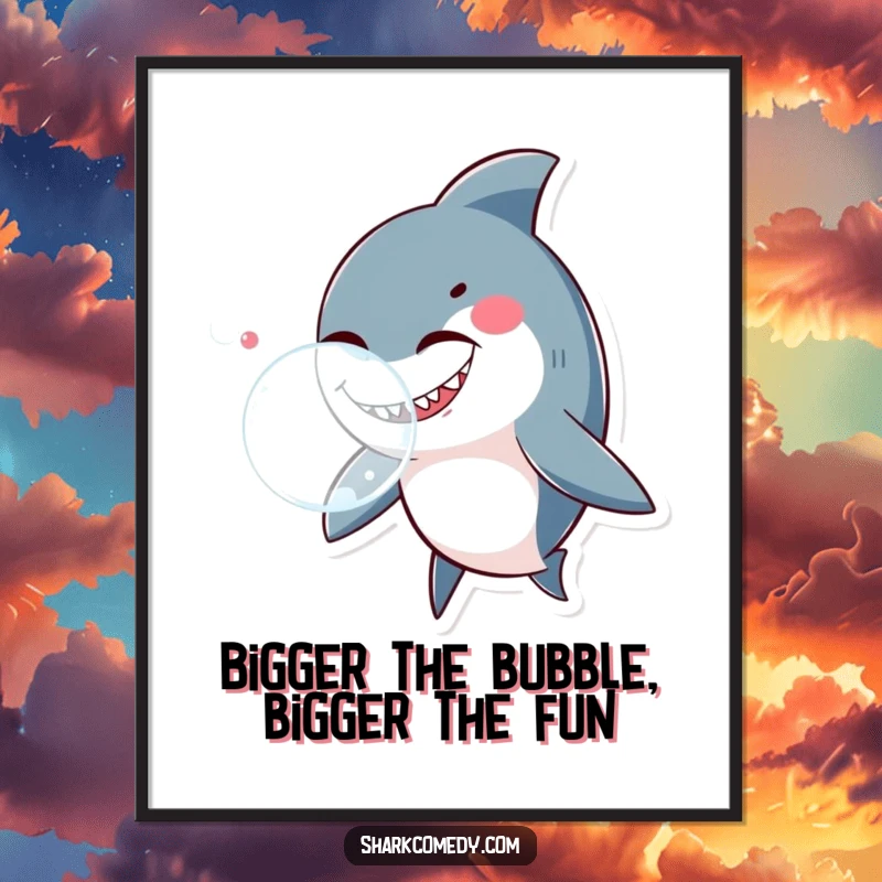 Funny Free Printable Wall Art depicting a shark with a playful wink, blowing a massive, shimmering bubble.