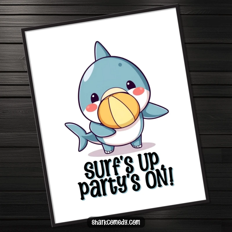 Funny Free Printable Wall Art showcasing a cute kawaii shark skillfully balancing a colorful beach ball on its nose, bringing playful energy.