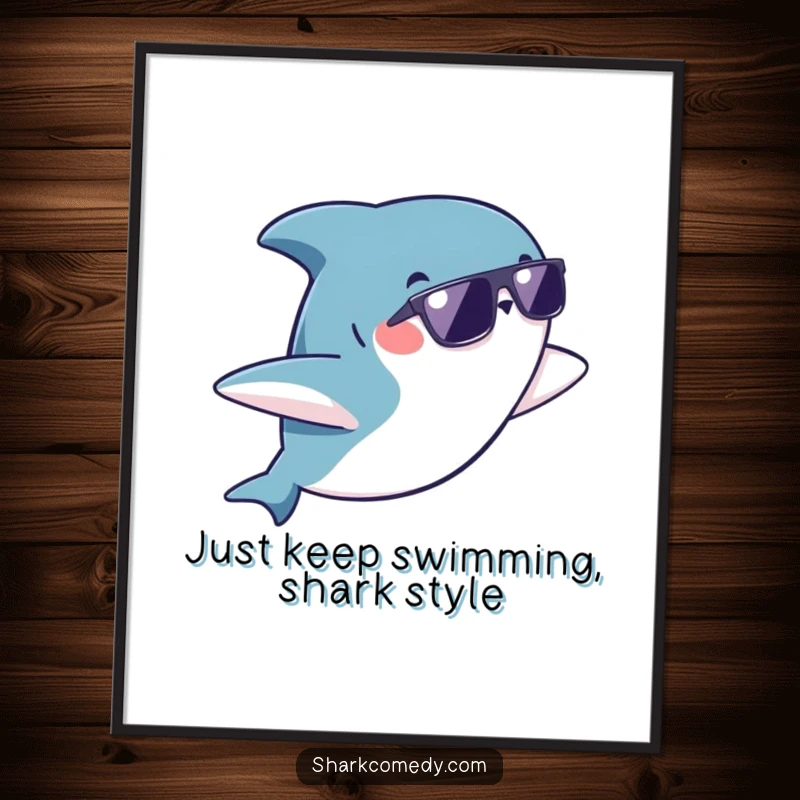 Funny free printable wall art: a kawaii shark in sunglasses enjoys a playful flip.