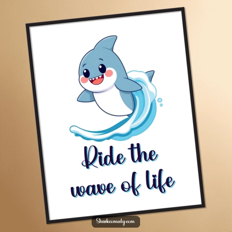 Funny Free Printable Wall Art: A cheerful kawaii shark rides a big, blue ocean wave with pure joy.