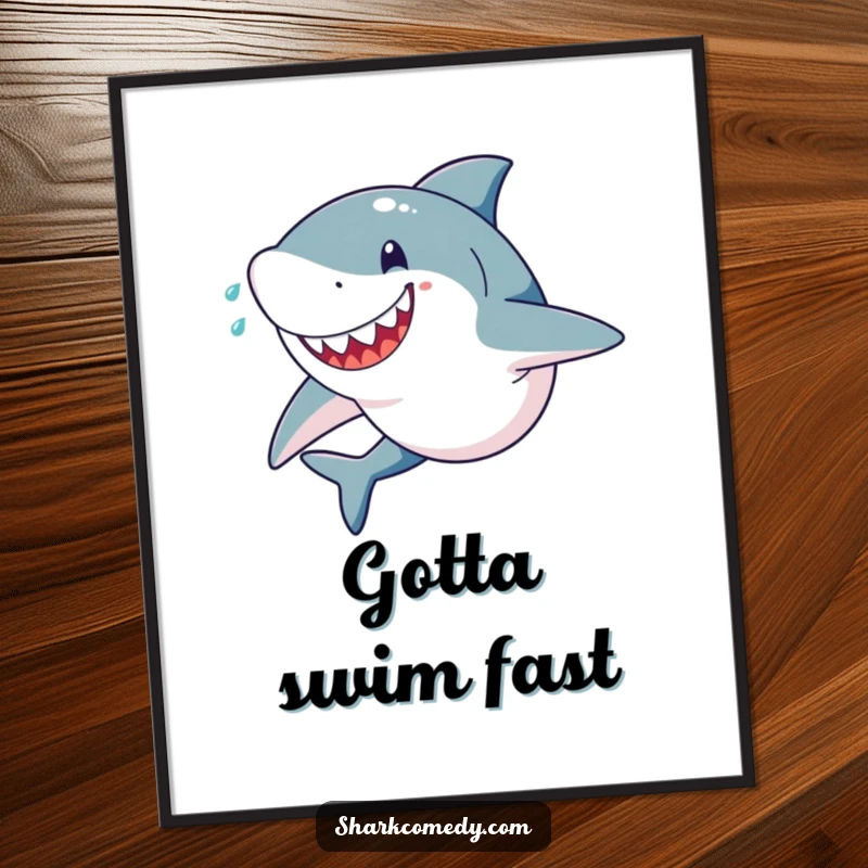 Funny Free Printable Wall Art of a shark sprinting at full speed, sweat flying, with a joyful, determined face.