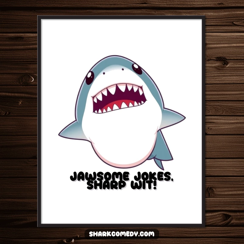 Funny Free Printable wall art of a shark opening its mouth wide, telling a joke and revealing its small, funny teeth.
