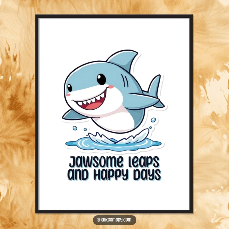 Funny Free Printable Wall Art: Small shark with an oversized head leaps joyfully out of the water, an energetic marine illustration.