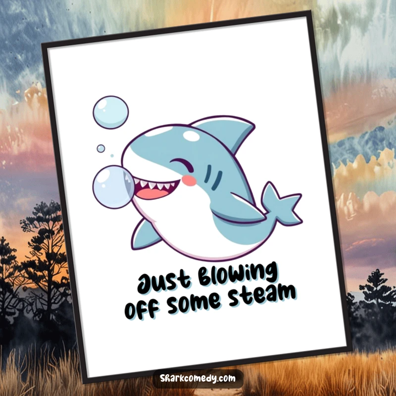 Funny Free Printable Wall Art of a kawaii shark joyfully playing with a bubble, adding whimsy to any room.