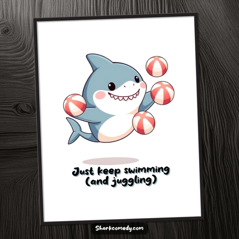 Funny Free Printable Wall Art: Excited shark gleefully juggling three colorful beach balls with its fins.