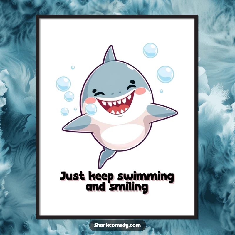 Funny Free Printable wall art: A joyful shark blows a stream of bubbles, creating a whimsical and fun underwater scene.