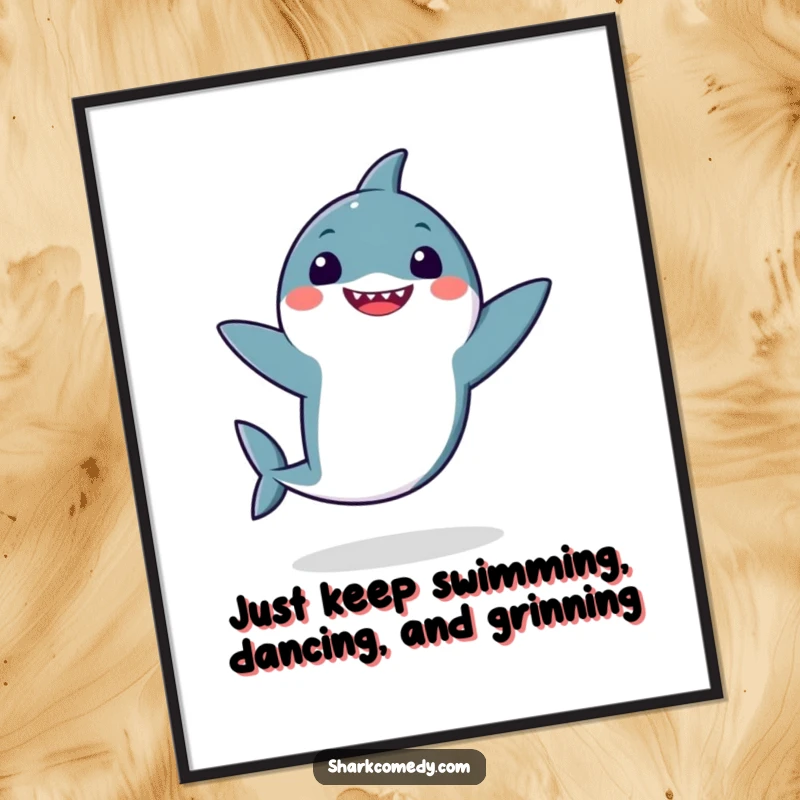 Funny Free Printable Kawaii Shark Wall Art, a cute shark doing a silly dance with fins flapping, adds whimsical decor.