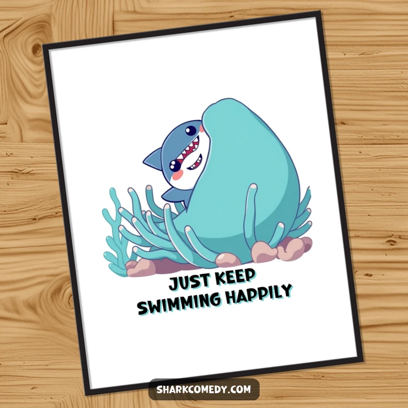 Funny Free Printable Wall Art: A shy shark character playfully peeking out from behind a giant, smiling sea anemone, creating a whimsical scene.