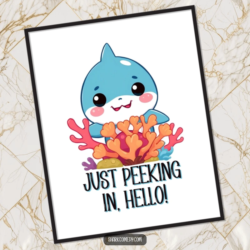 Funny Free Printable Wall Art: A cute kawaii shark peeking from behind a vibrant, colorful coral reef.