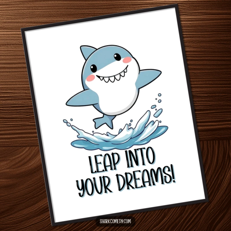 Funny Free Printable Wall Art: Energetic cartoon shark leaping out of water with a huge, surprised grin.