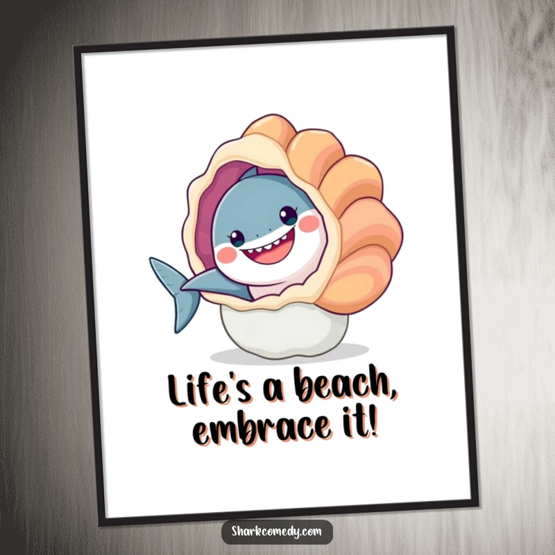 Funny Free Printable wall art of a cheerful shark peeking out from behind a large, colorful seashell, exuding playfulness.