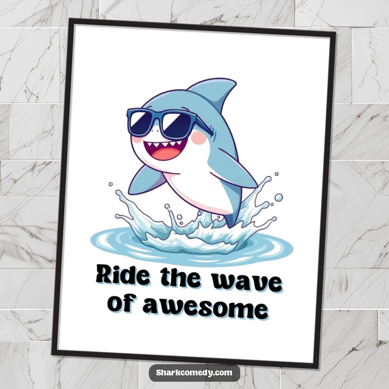 Funny Free Printable Wall Art: Tiny cool shark with sunglasses, leaping dynamically from a water splash with pure joy.