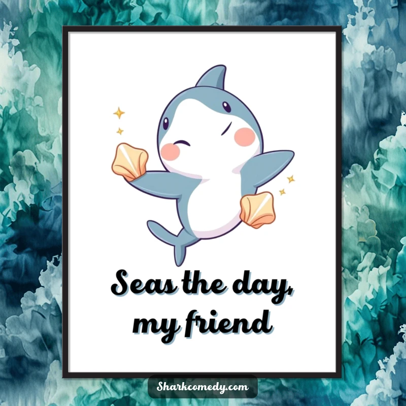 Funny Free Printable Wall Art: A cool shark winks while expertly juggling three shiny seashells, creating a fun and quirky underwater scene.